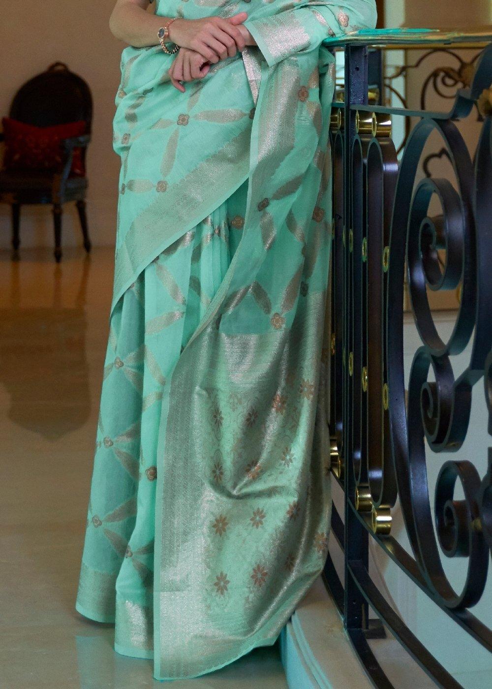 Turquoise Blue Banarasi-Chanderi Fusion Woven Silk Saree | Stitched Blouse - qivii