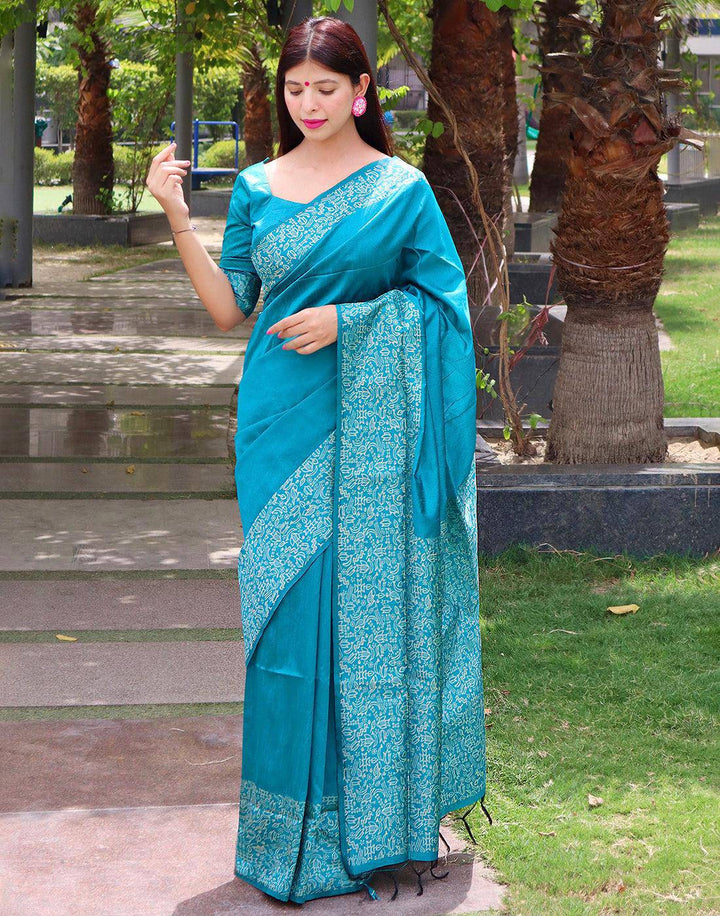 Turquoise Blue Handloom Raw Silk Saree | Stitched Blouse - qivii