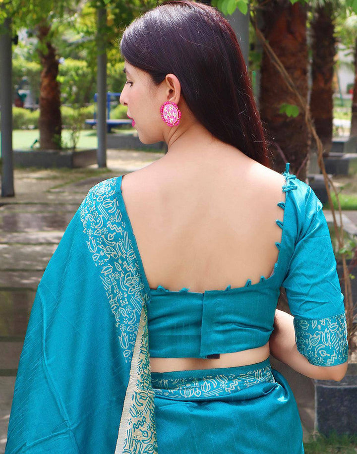 Turquoise Blue Handloom Raw Silk Saree | Stitched Blouse - qivii