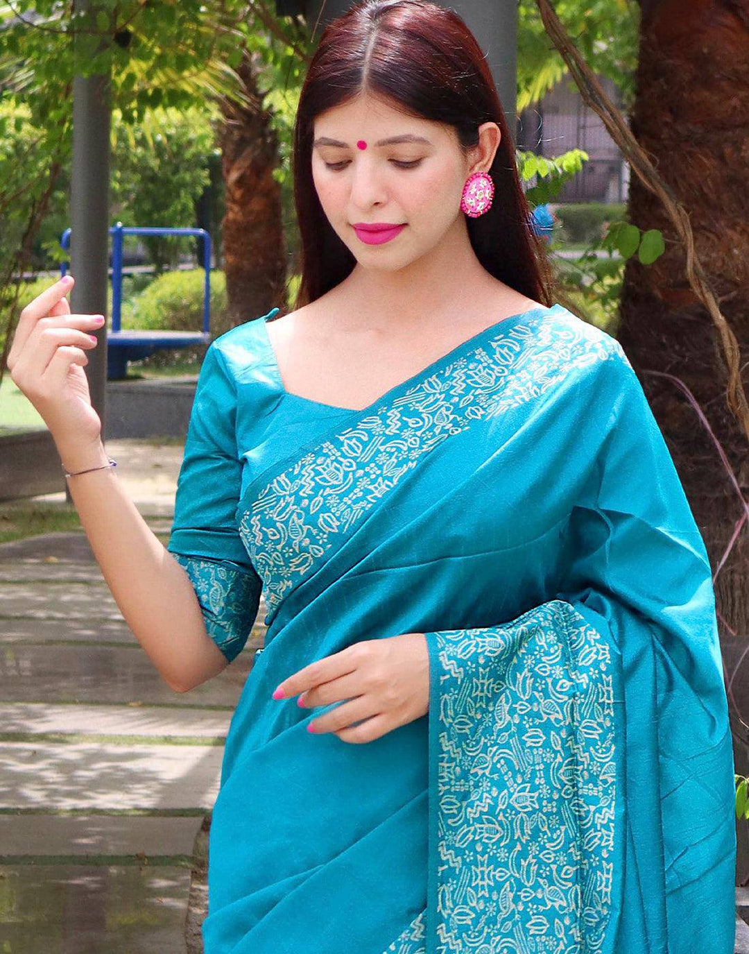 Turquoise Blue Handloom Raw Silk Saree | Stitched Blouse - qivii