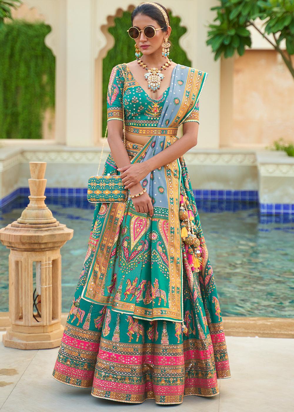 Turquoise Blue Ready to Wear Designer Silk Lehenga Choli with Sparkle & Mirror work - qivii