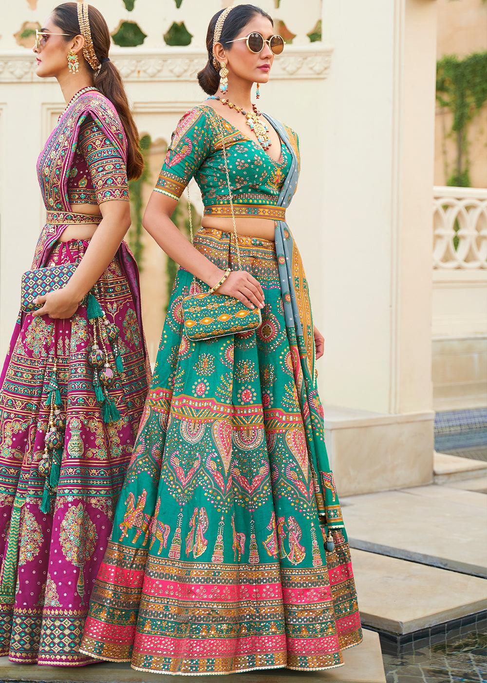 Turquoise Blue Ready to Wear Designer Silk Lehenga Choli with Sparkle & Mirror work - qivii