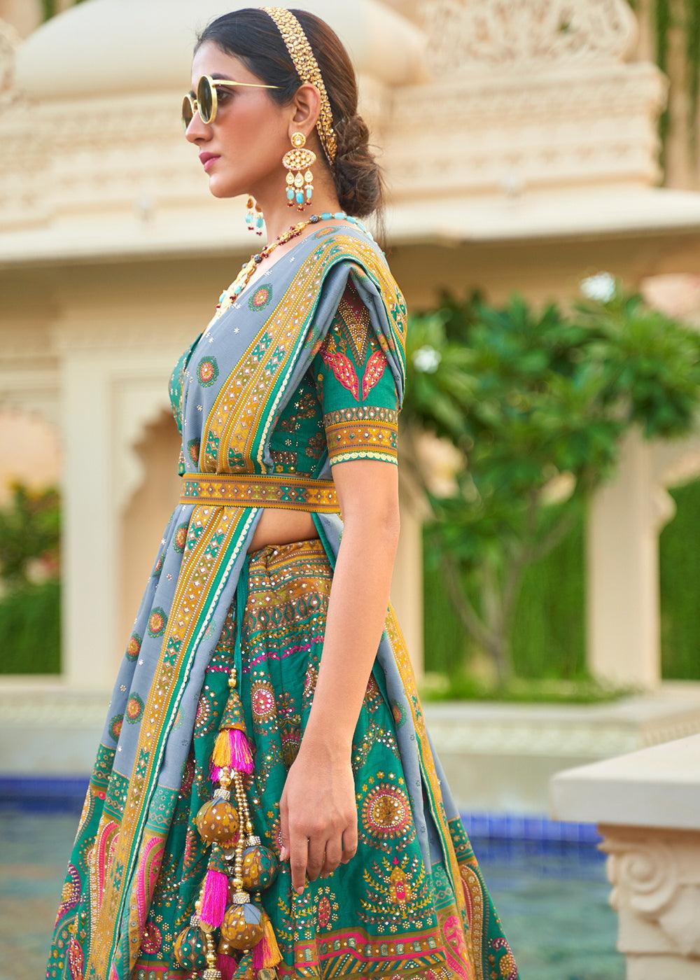 Turquoise Blue Ready to Wear Designer Silk Lehenga Choli with Sparkle & Mirror work - qivii