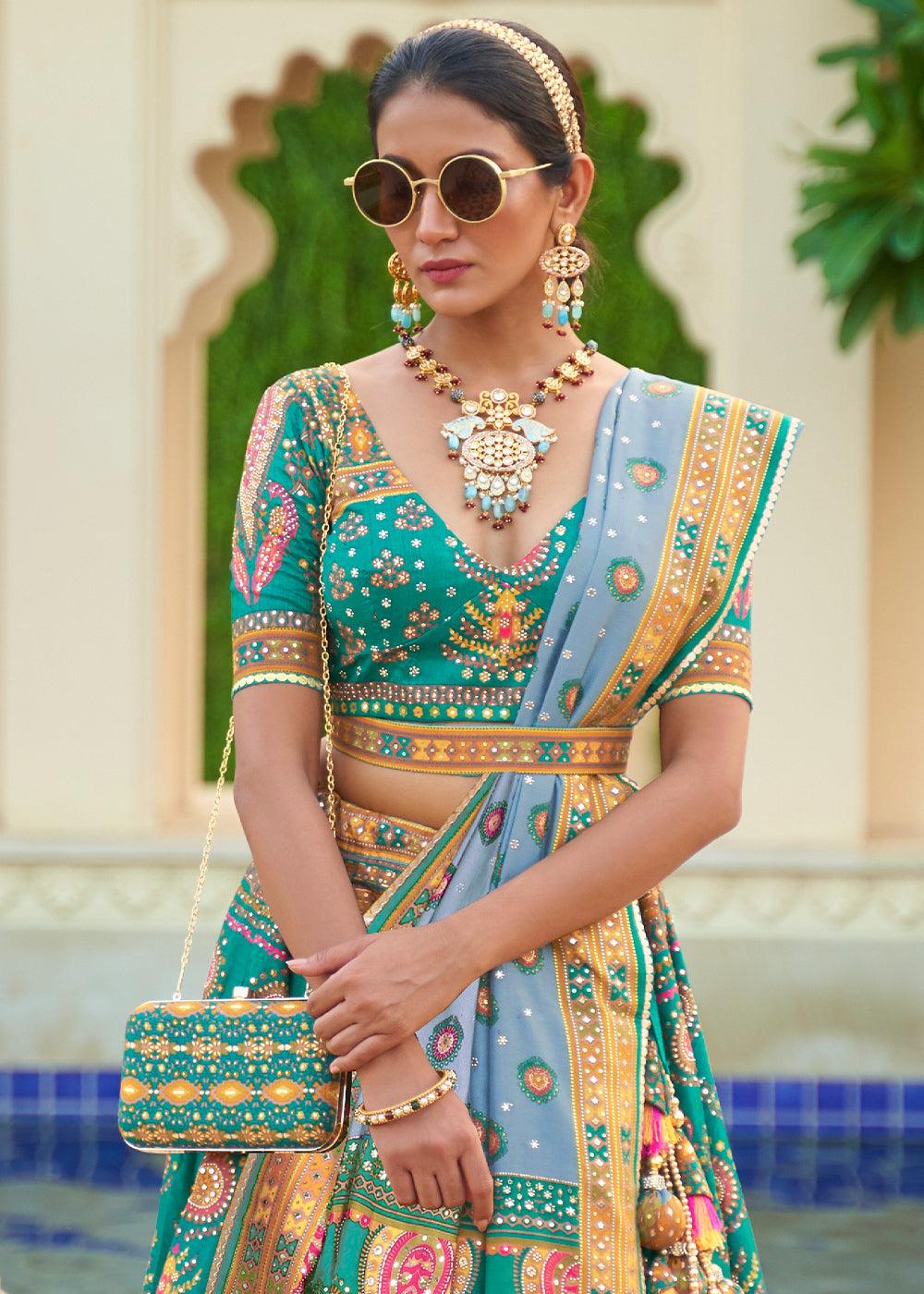 Turquoise Blue Ready to Wear Designer Silk Lehenga Choli with Sparkle & Mirror work - qivii