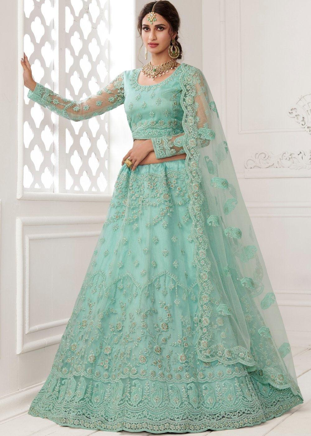 Turquoise Blue Soft Net Lehenga Choli with Cording, Stonework, Thread & Badla Embroidery - qivii