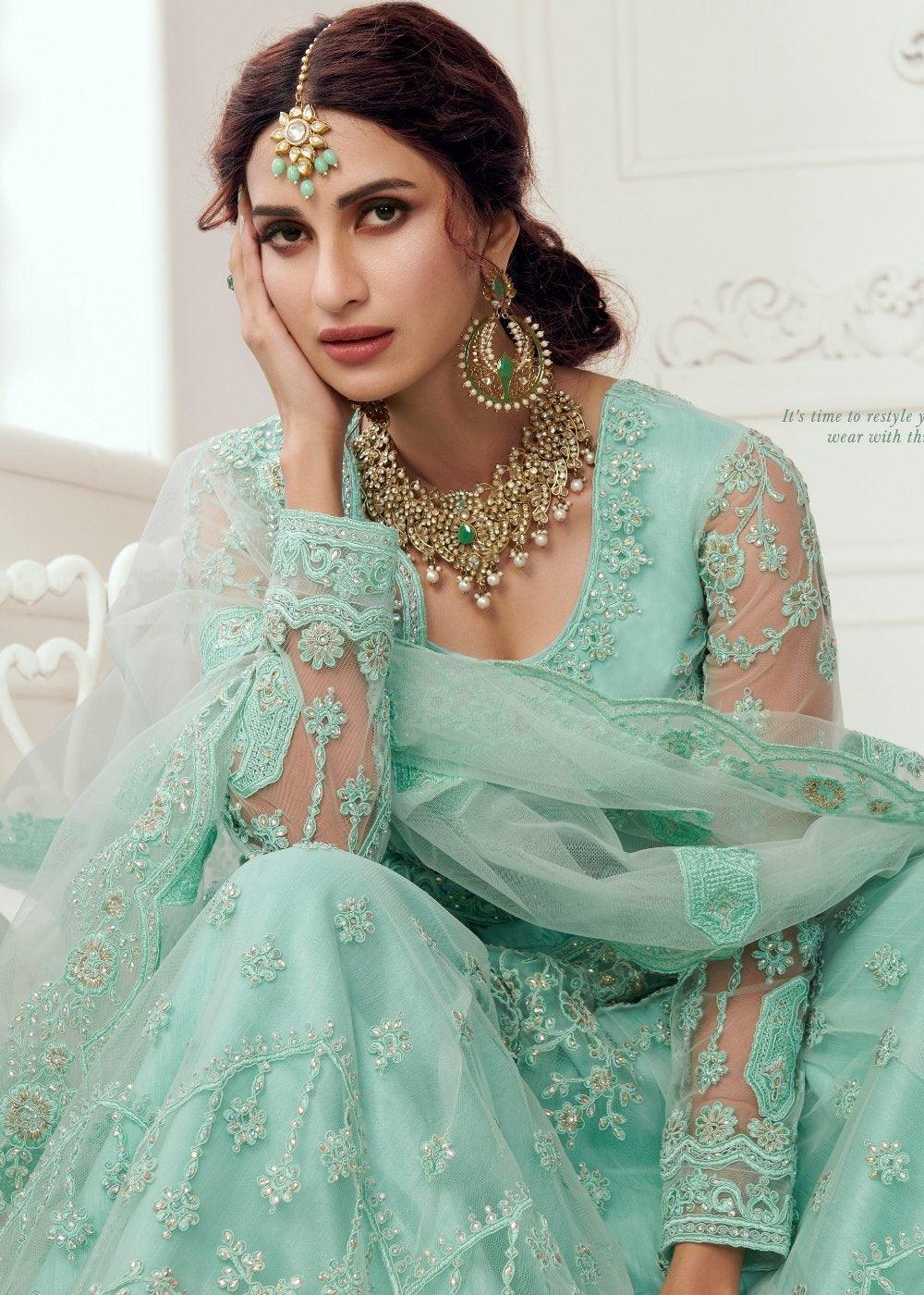 Turquoise Blue Soft Net Lehenga Choli with Cording, Stonework, Thread & Badla Embroidery - qivii