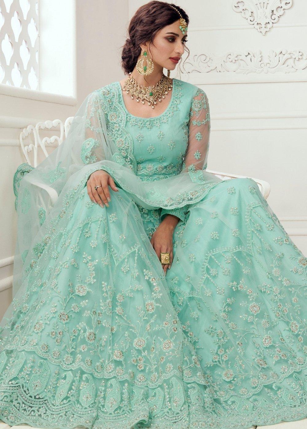 Turquoise Blue Soft Net Lehenga Choli with Cording, Stonework, Thread & Badla Embroidery - qivii