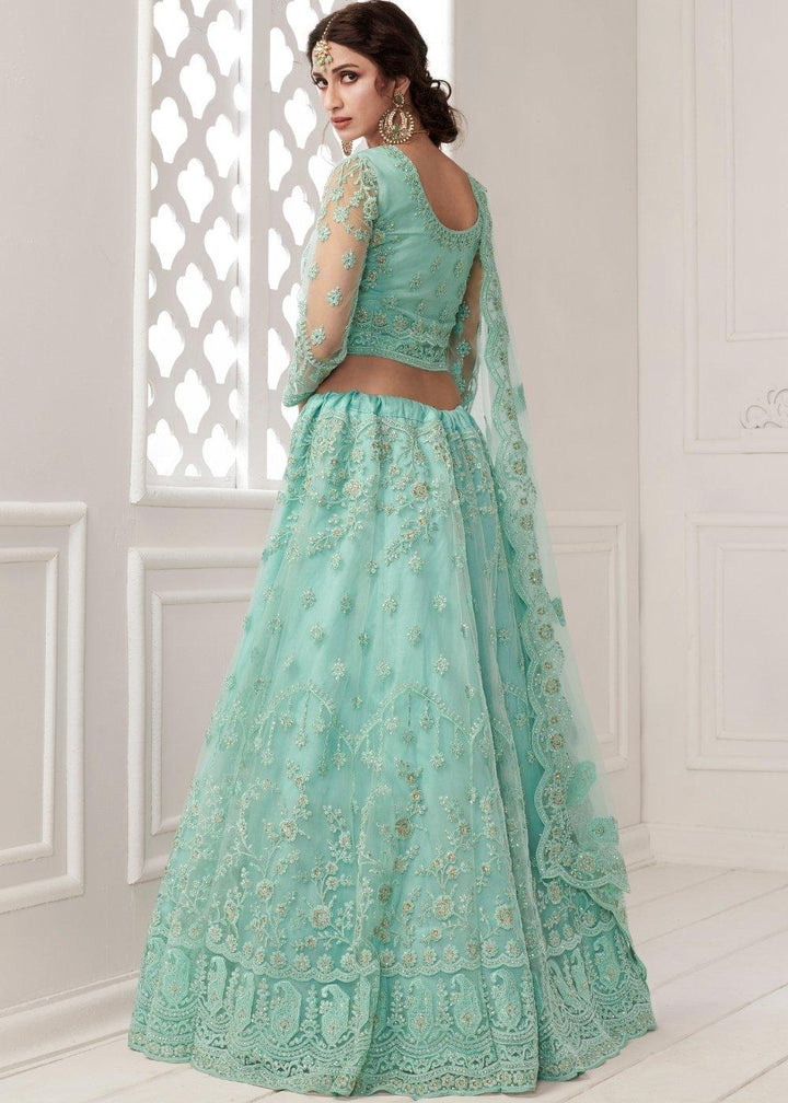 Turquoise Blue Soft Net Lehenga Choli with Cording, Stonework, Thread & Badla Embroidery - qivii