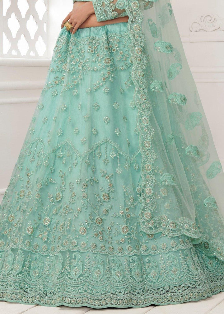 Turquoise Blue Soft Net Lehenga Choli with Cording, Stonework, Thread & Badla Embroidery - qivii