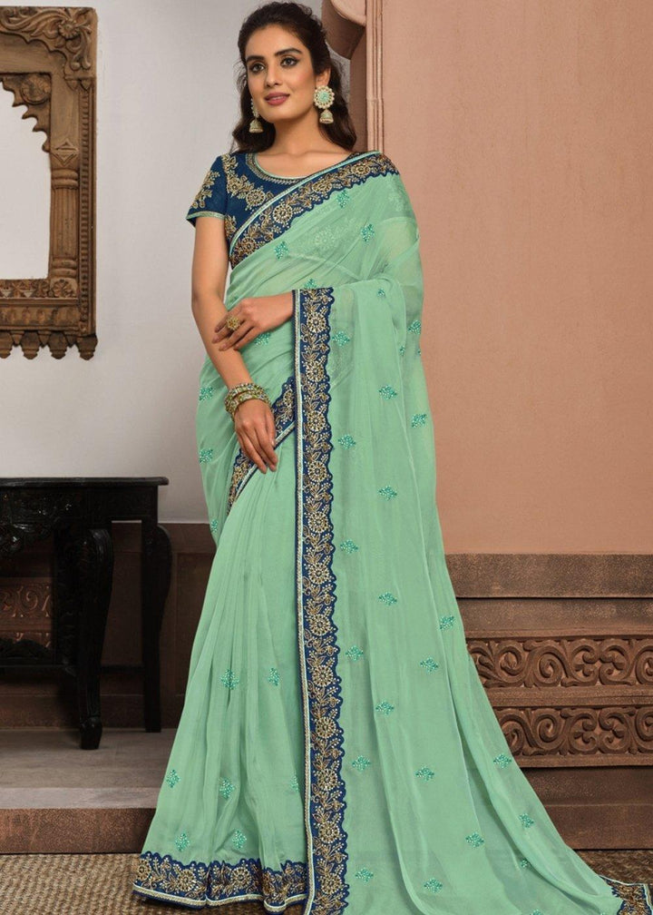 Turquoise Blue Tissue Saree with Zari Embroidery & Stone work | Stitched Blouse - qivii