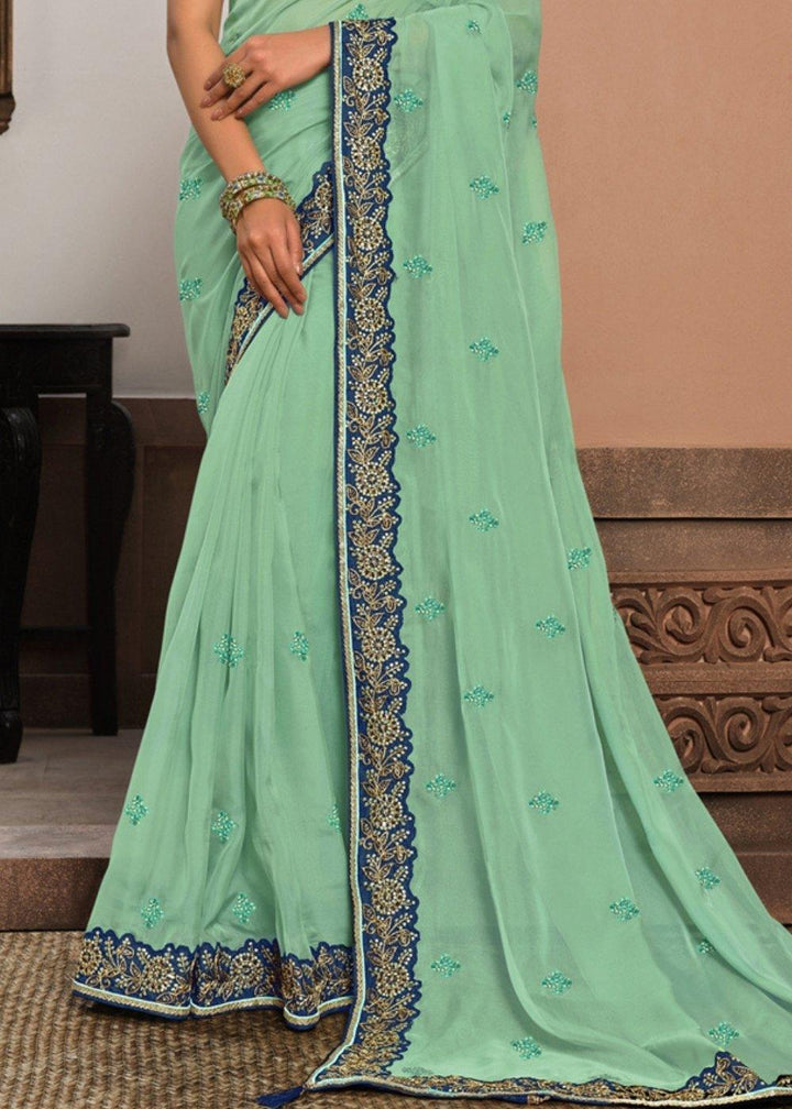 Turquoise Blue Tissue Saree with Zari Embroidery & Stone work | Stitched Blouse - qivii