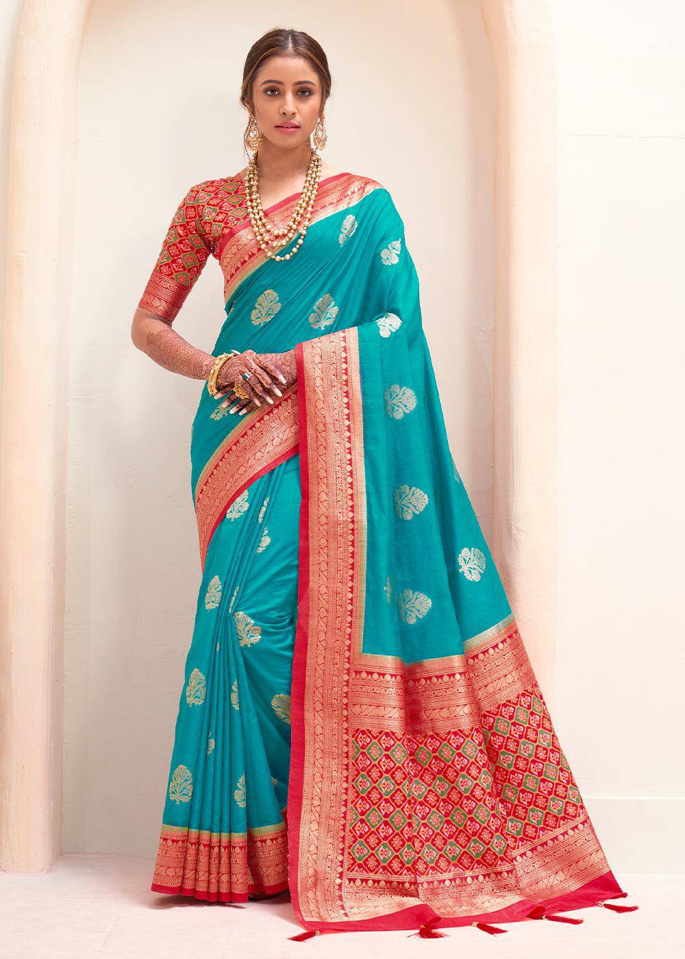 Turquoise Blue Woven Banarasi Patola Silk Saree | Stitched Blouse - qivii