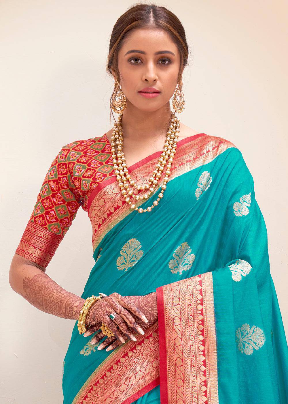 Turquoise Blue Woven Banarasi Patola Silk Saree | Stitched Blouse - qivii