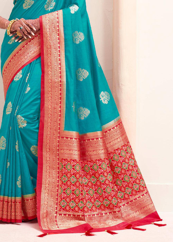 Turquoise Blue Woven Banarasi Patola Silk Saree | Stitched Blouse - qivii