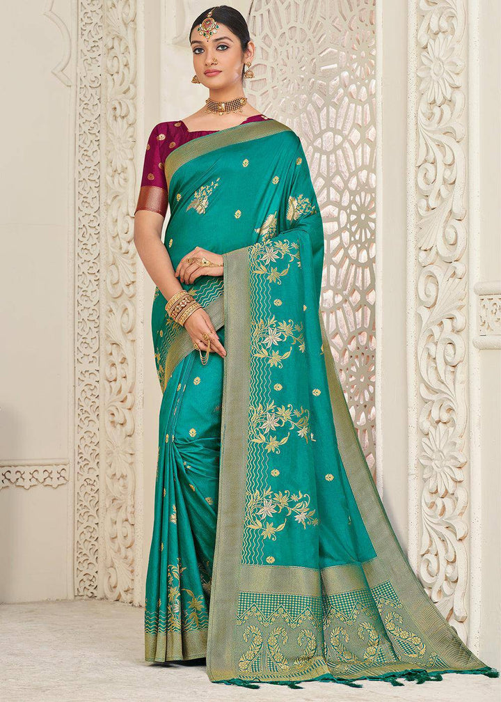 Turquoise Blue Zari Woven Dola Silk Saree | Stitched Blouse - qivii