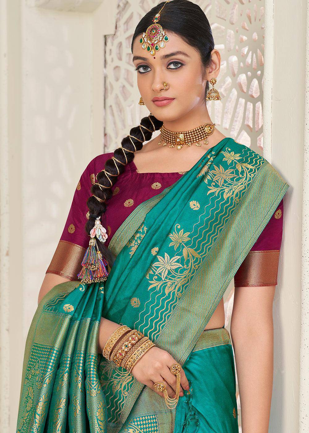 Turquoise Blue Zari Woven Dola Silk Saree | Stitched Blouse - qivii