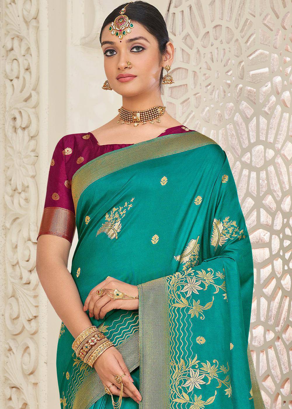 Turquoise Blue Zari Woven Dola Silk Saree | Stitched Blouse - qivii