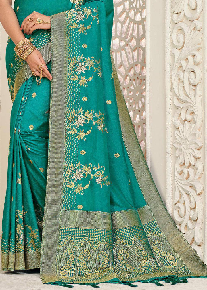 Turquoise Blue Zari Woven Dola Silk Saree | Stitched Blouse - qivii