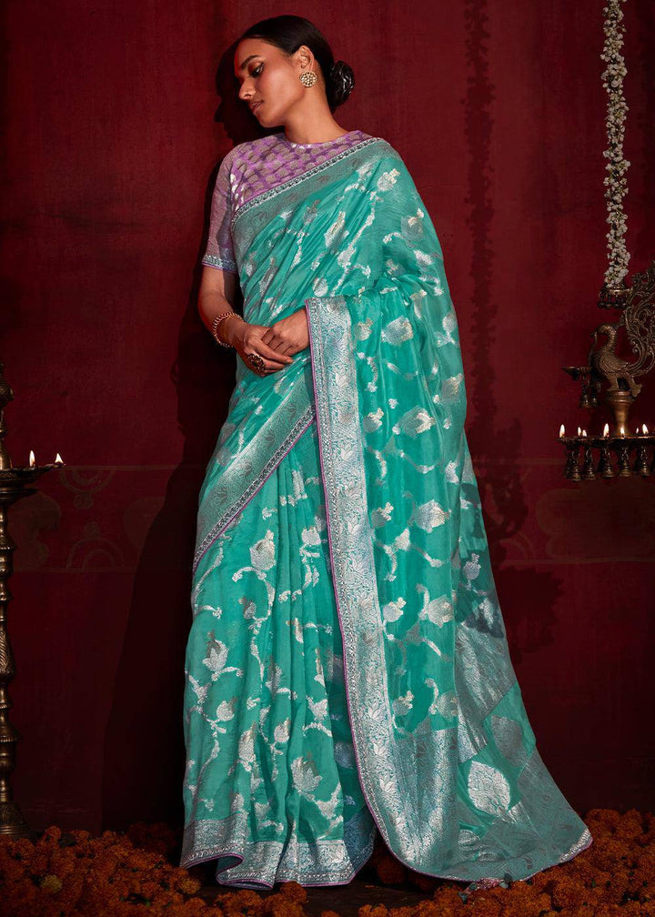 Turquoise Blue Zari Woven Khadi Silk Saree with Contrast Blouse | Stitched Blouse - qivii