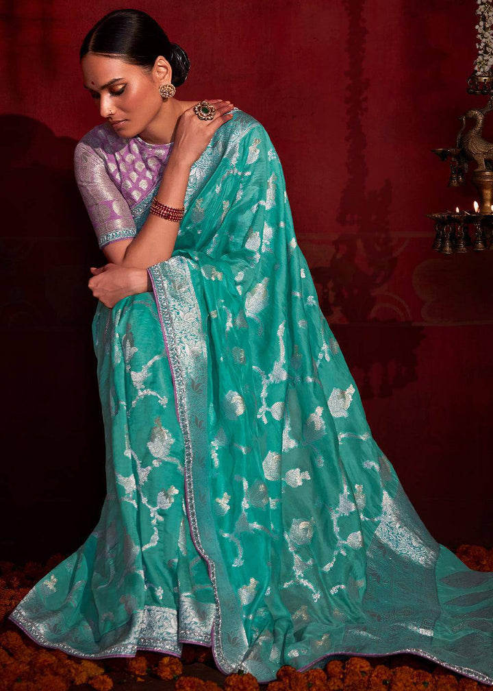 Turquoise Blue Zari Woven Khadi Silk Saree with Contrast Blouse | Stitched Blouse - qivii