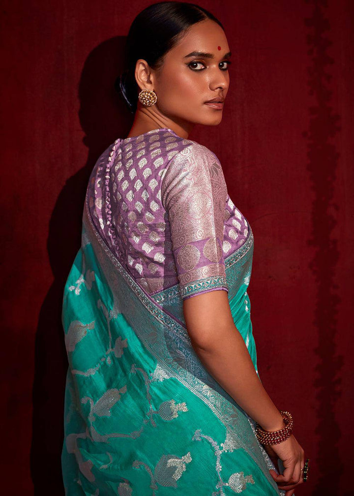 Turquoise Blue Zari Woven Khadi Silk Saree with Contrast Blouse | Stitched Blouse - qivii