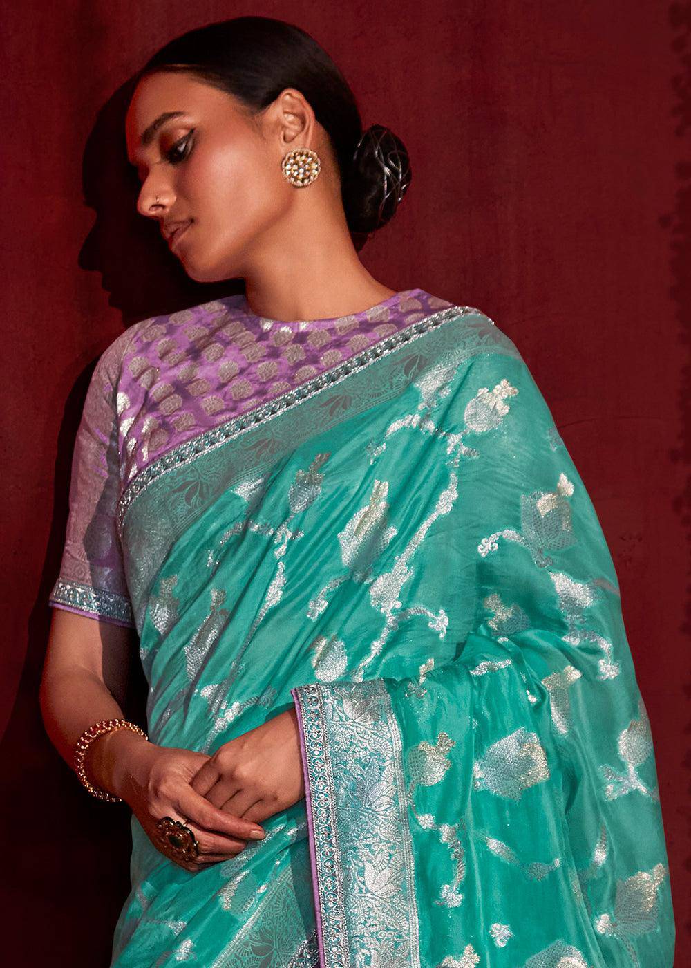 Turquoise Blue Zari Woven Khadi Silk Saree with Contrast Blouse | Stitched Blouse - qivii