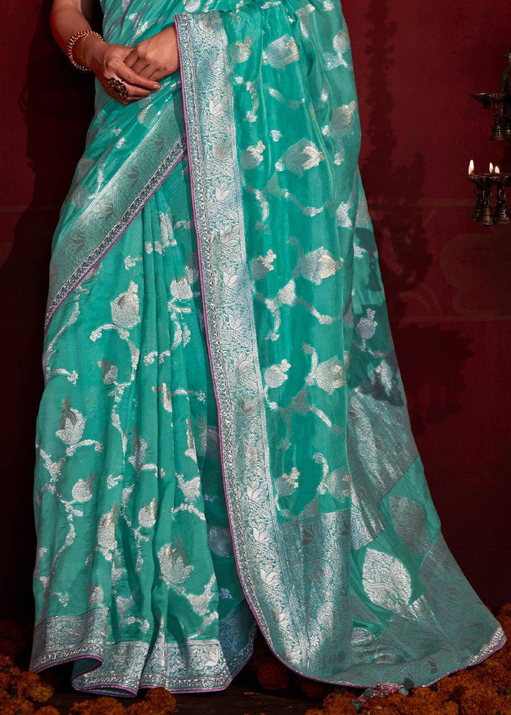 Turquoise Blue Zari Woven Khadi Silk Saree with Contrast Blouse | Stitched Blouse - qivii