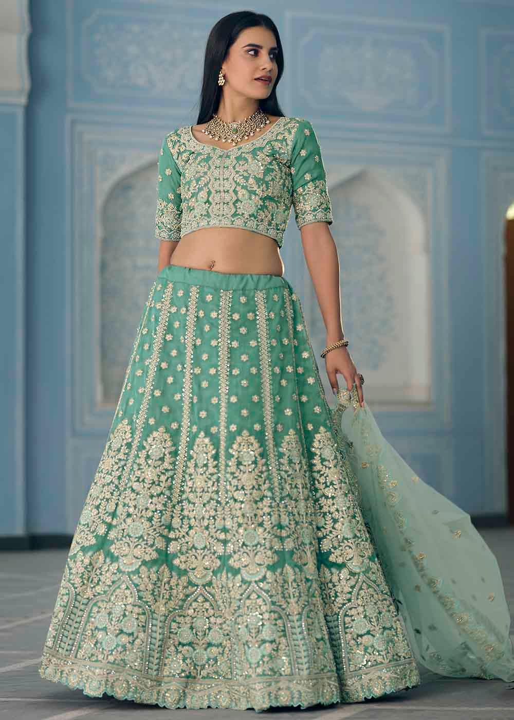 Turquoise Green Organza Lehenga Choli with Dori,Zari, Zarkan & Sequins work - qivii