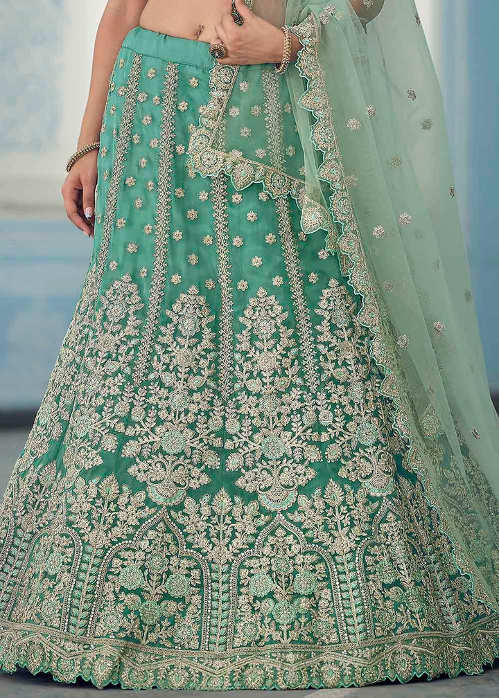 Turquoise Green Organza Lehenga Choli with Dori,Zari, Zarkan & Sequins work - qivii