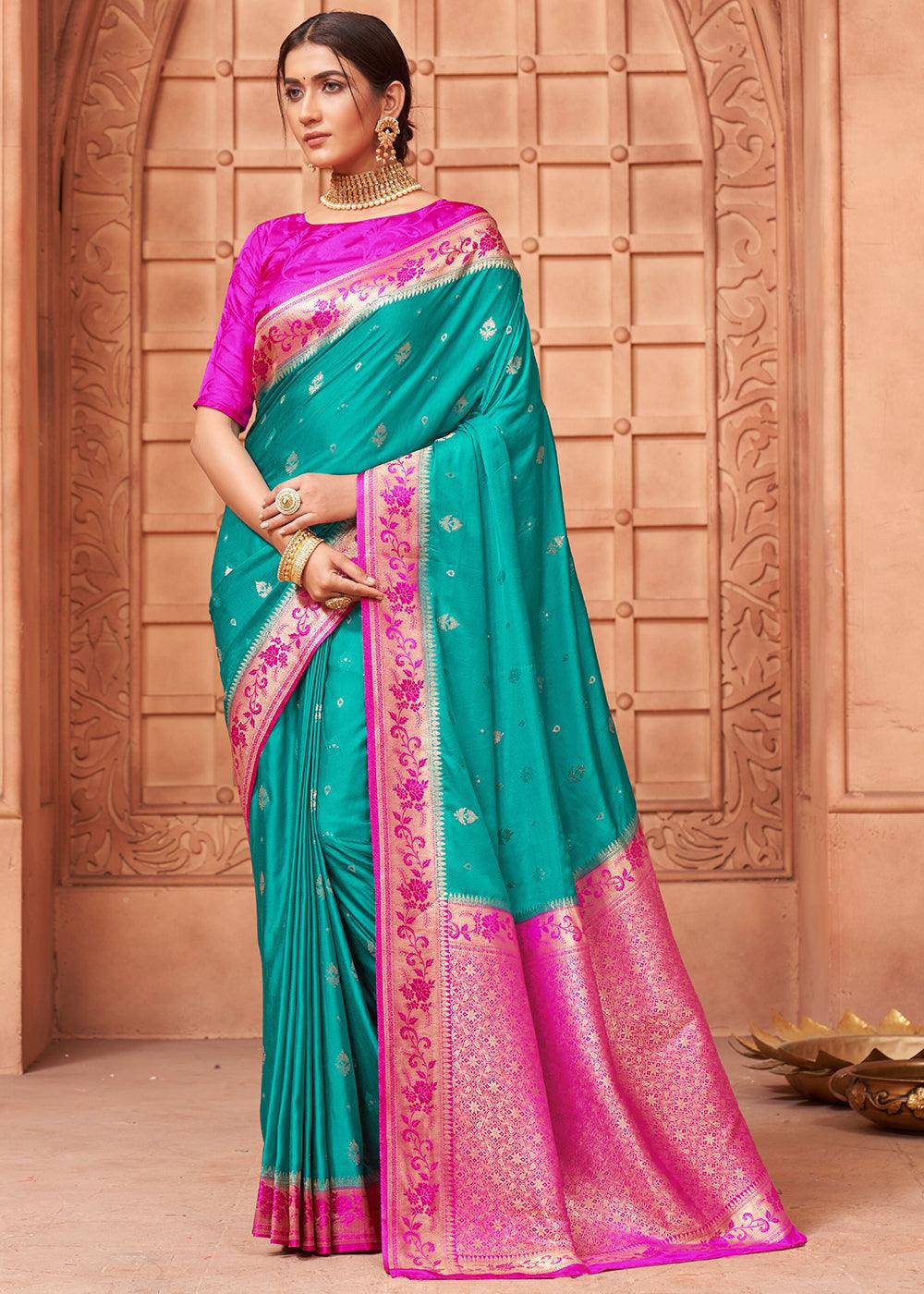 Turquoise Green Satin Silk Saree with Overall Butti work | Stitched Blouse - qivii