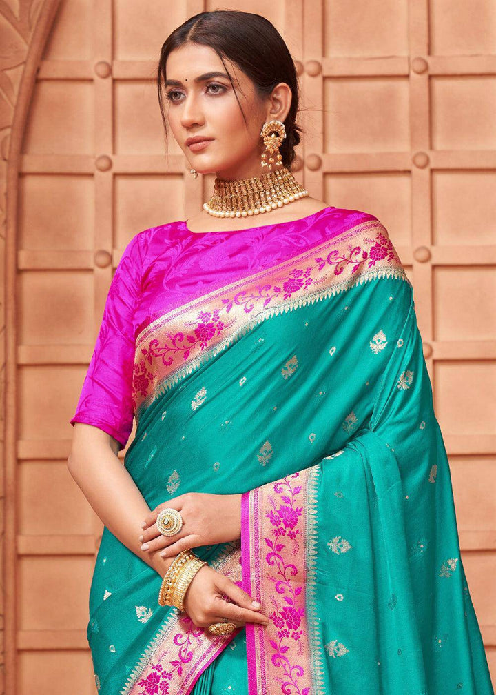 Turquoise Green Satin Silk Saree with Overall Butti work | Stitched Blouse - qivii