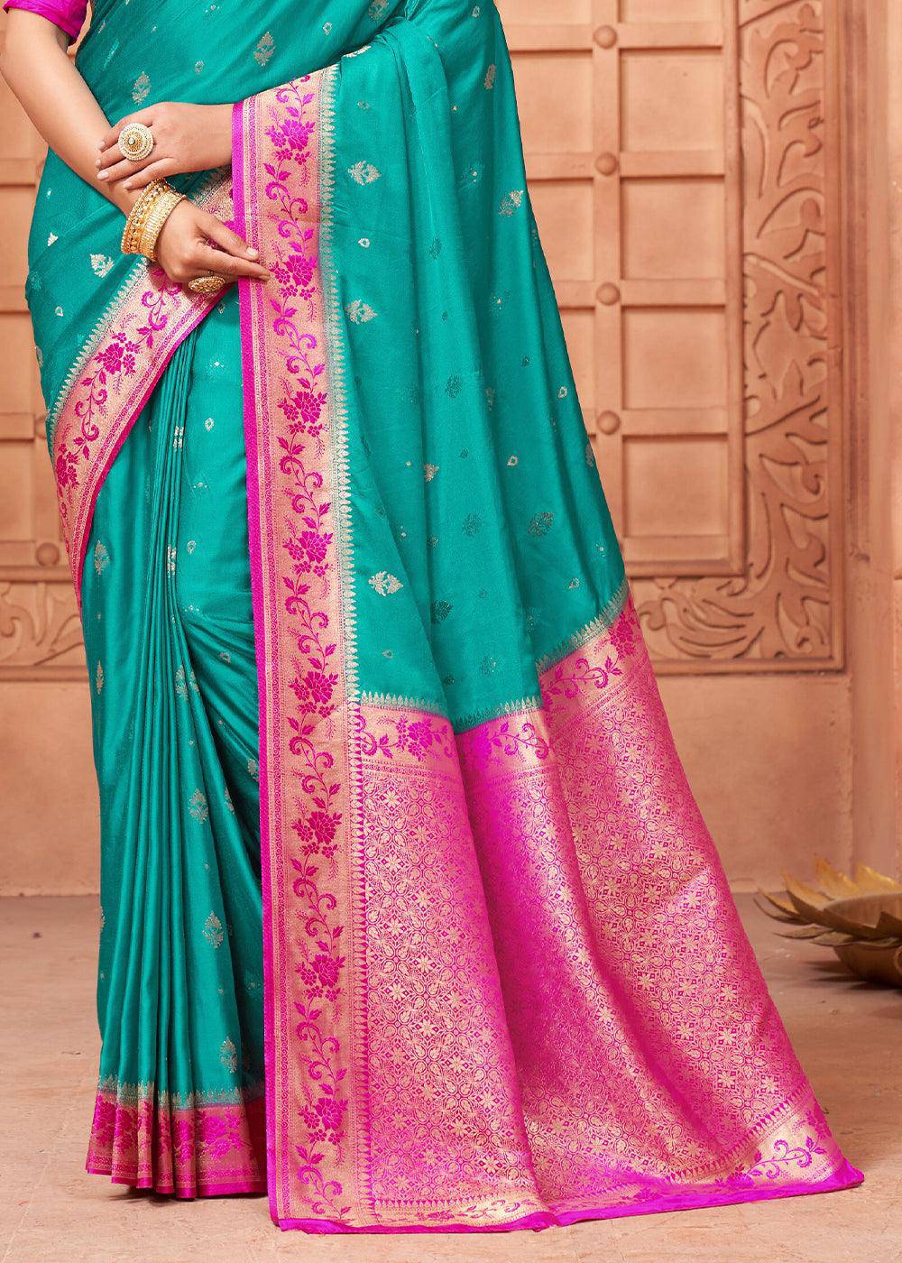 Turquoise Green Satin Silk Saree with Overall Butti work | Stitched Blouse - qivii