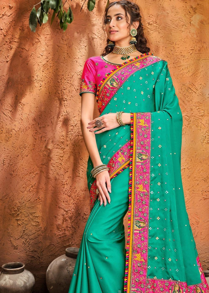 Turquoise Green Silk Saree with Mirror, Resham & Diamond work | Stitched Blouse - qivii