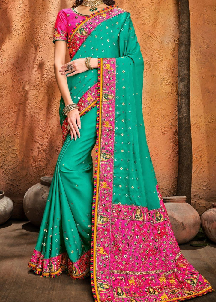 Turquoise Green Silk Saree with Mirror, Resham & Diamond work | Stitched Blouse - qivii