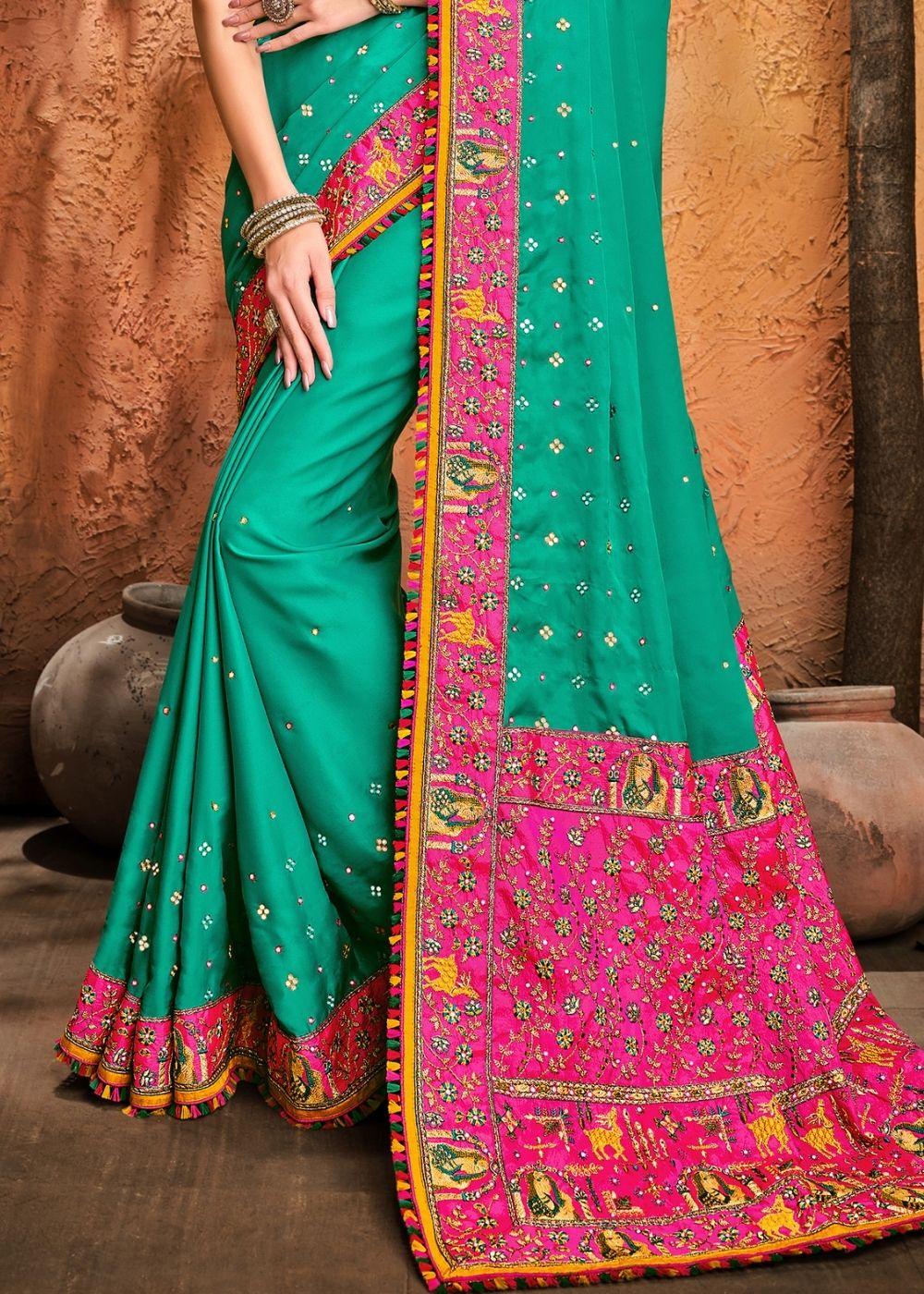 Turquoise Green Silk Saree with Mirror, Resham & Diamond work | Stitched Blouse - qivii