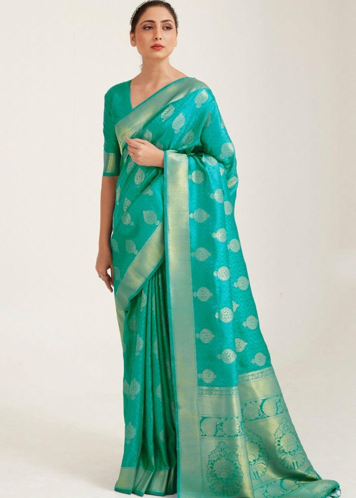 Turquoise Green Zari Butta Woven Banasari Silk Saree | Stitched Blouse - qivii