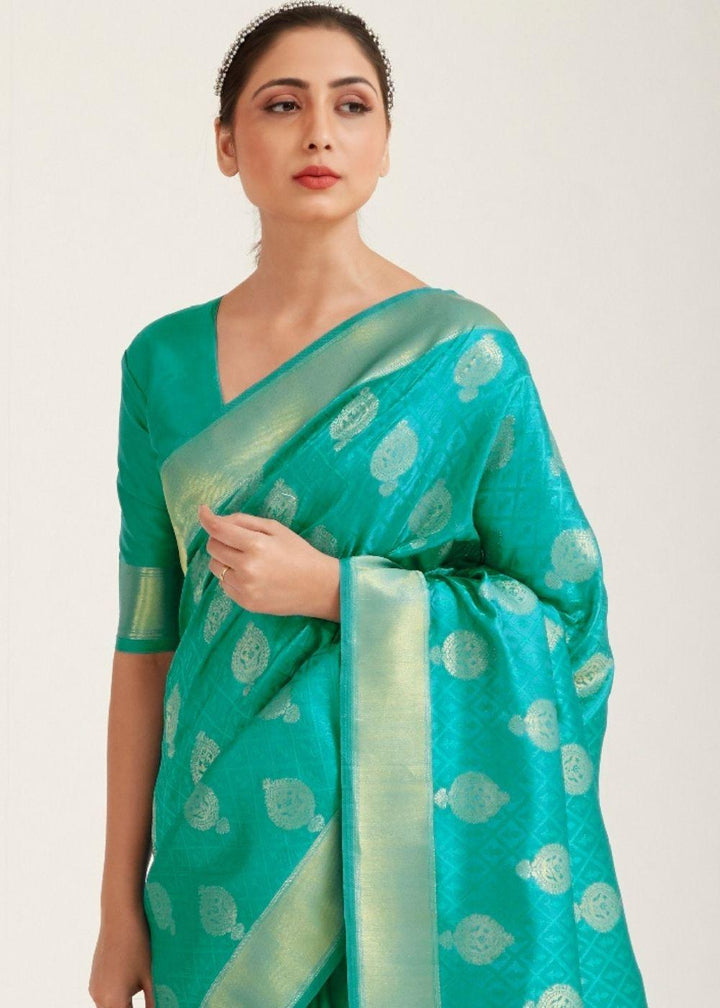 Turquoise Green Zari Butta Woven Banasari Silk Saree | Stitched Blouse - qivii