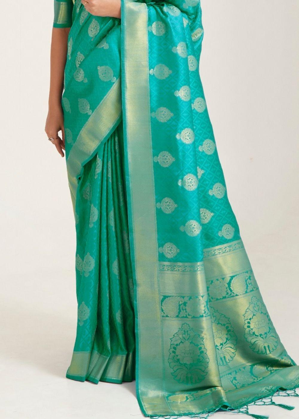 Turquoise Green Zari Butta Woven Banasari Silk Saree | Stitched Blouse - qivii