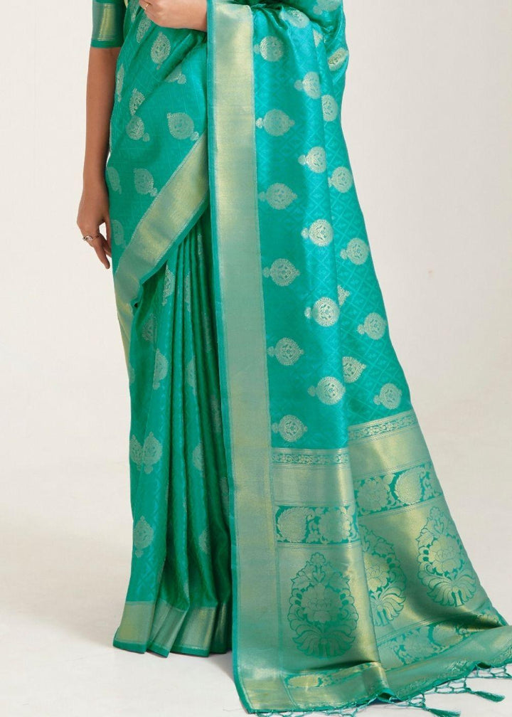 Turquoise Green Zari Butta Woven Banasari Silk Saree | Stitched Blouse - qivii