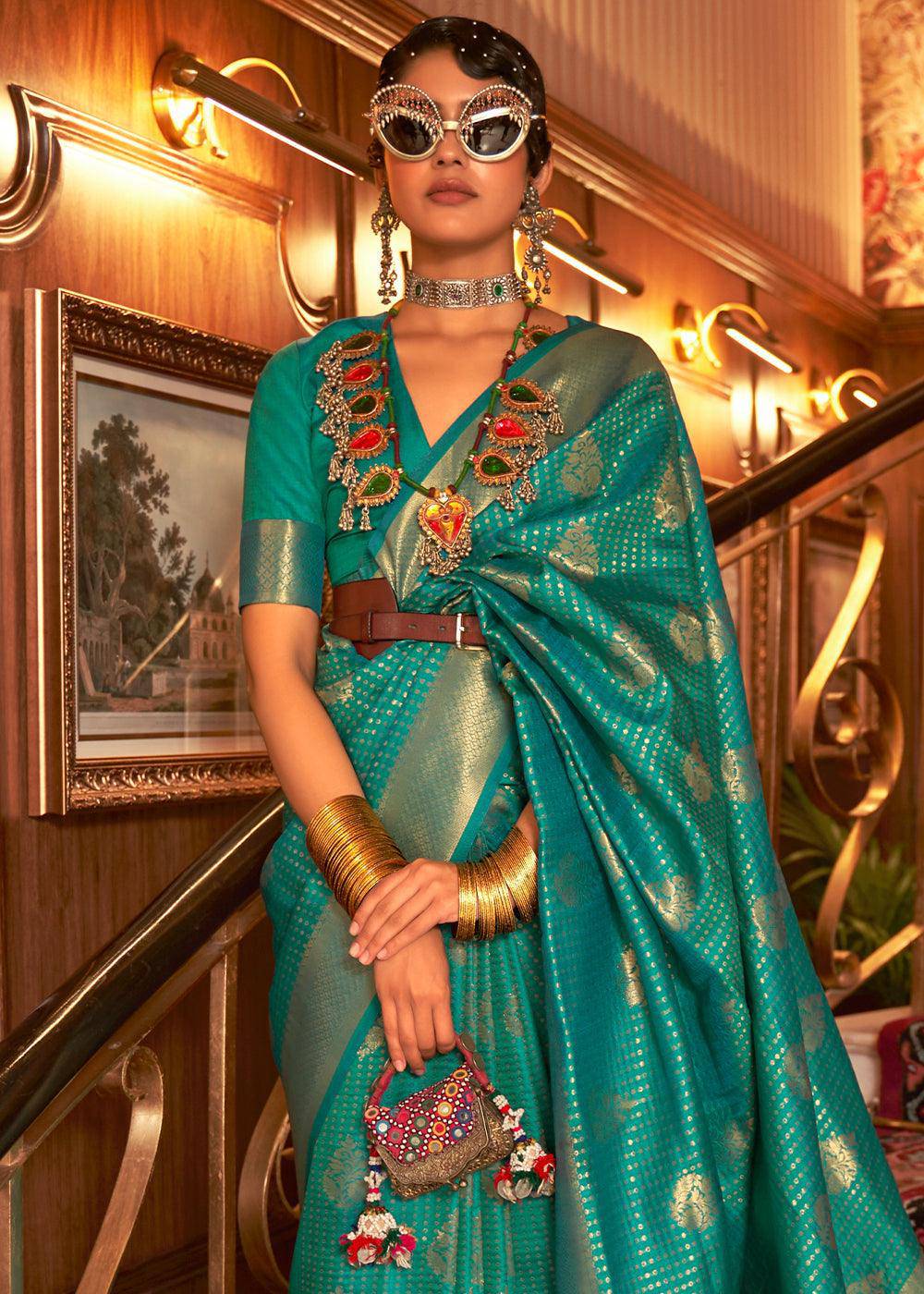 Turtle Green Woven Banarasi Silk Saree | Stitched Blouse - qivii