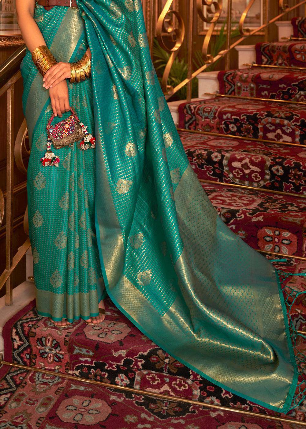 Turtle Green Woven Banarasi Silk Saree | Stitched Blouse - qivii