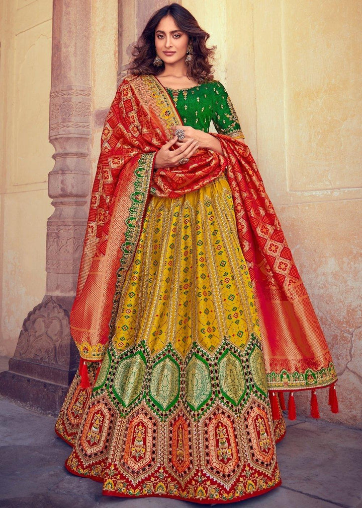 Tuscany Yellow & Red Banarasi Silk Lehenga Choli with Khatli work Embroidery - qivii