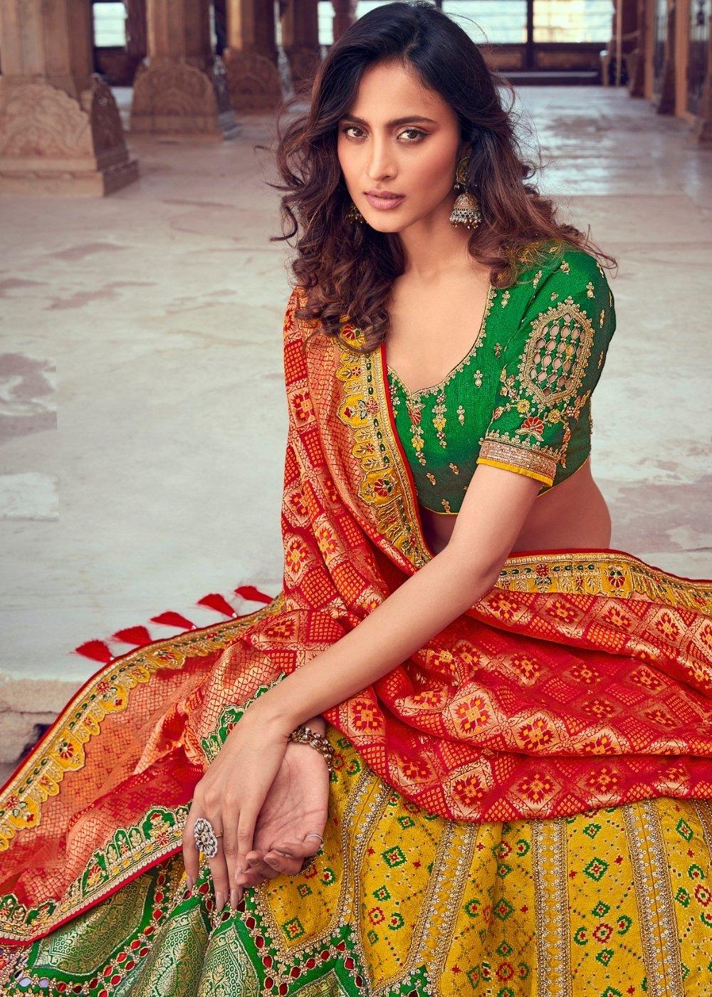 Tuscany Yellow & Red Banarasi Silk Lehenga Choli with Khatli work Embroidery - qivii