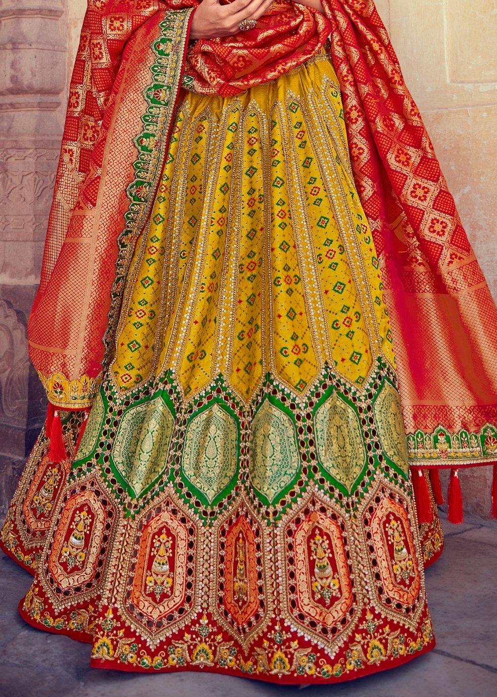 Tuscany Yellow & Red Banarasi Silk Lehenga Choli with Khatli work Embroidery - qivii