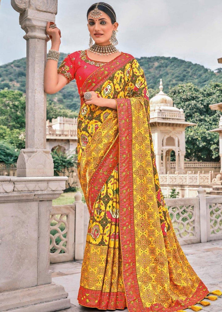 Tuscany Yellow Bandhej Patola Silk Saree with Embroidered Blouse | Stitched Blouse - qivii