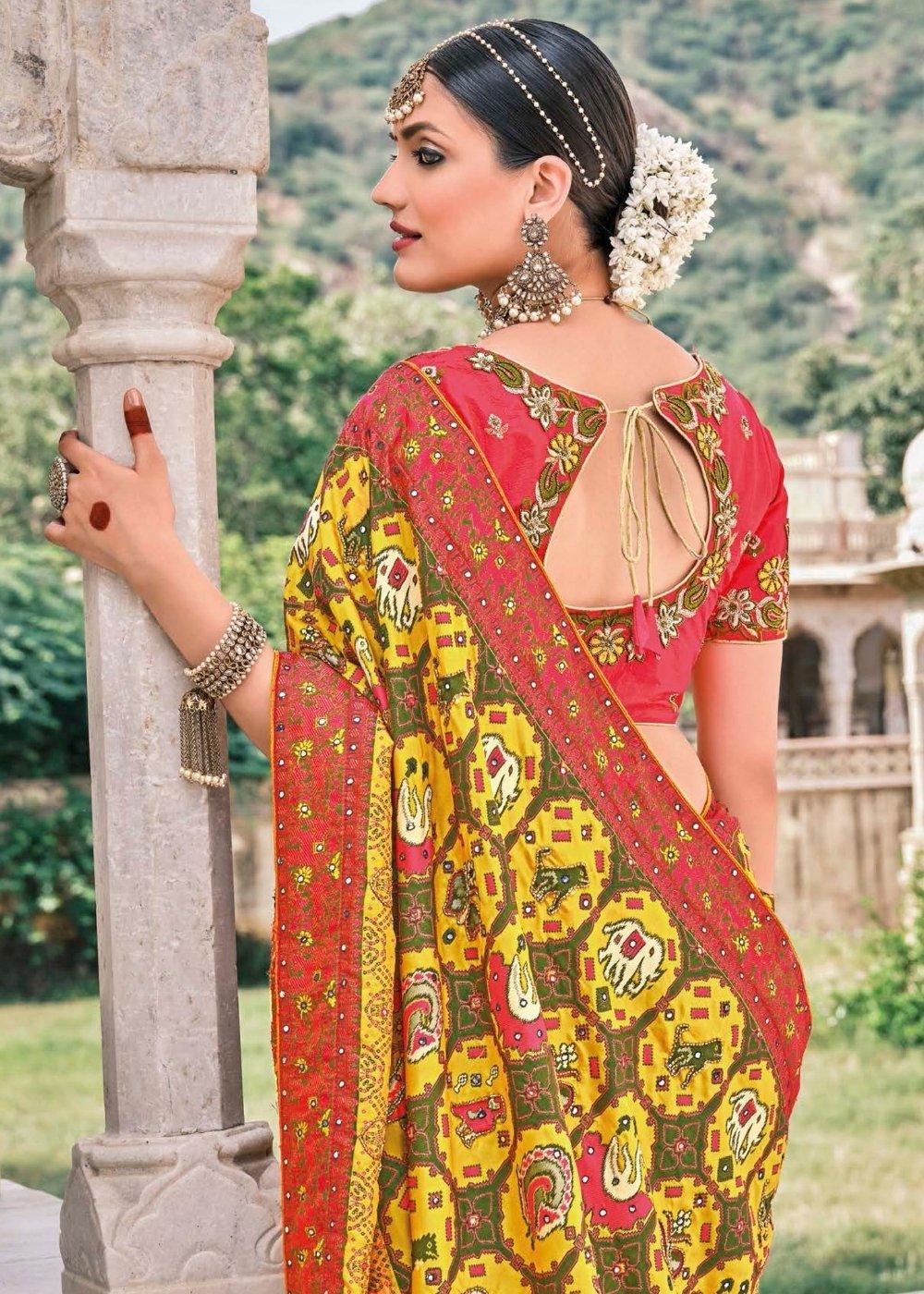 Tuscany Yellow Bandhej Patola Silk Saree with Embroidered Blouse | Stitched Blouse - qivii