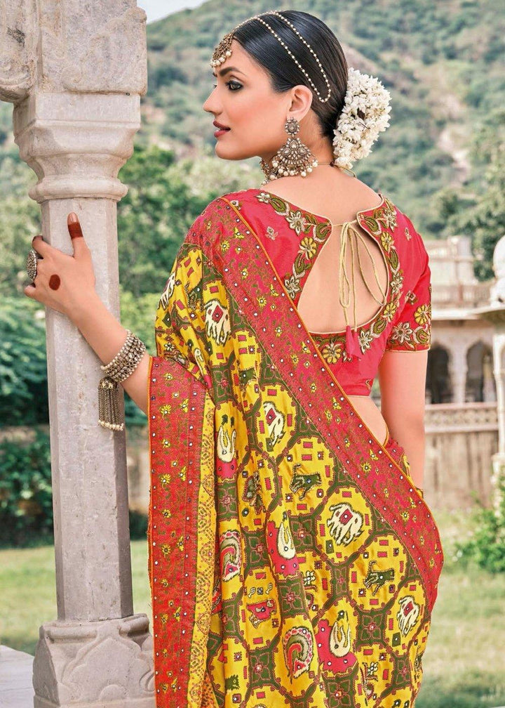 Tuscany Yellow Bandhej Patola Silk Saree with Embroidered Blouse | Stitched Blouse - qivii