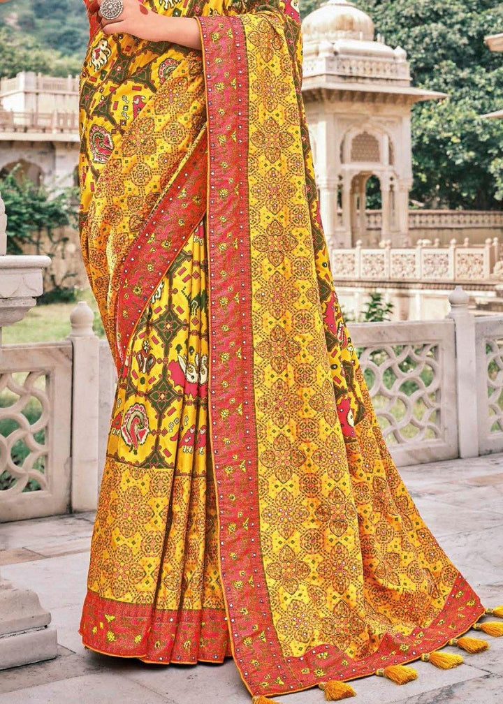 Tuscany Yellow Bandhej Patola Silk Saree with Embroidered Blouse | Stitched Blouse - qivii