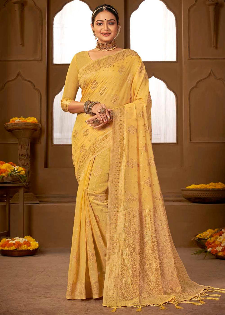 Tuscany Yellow Woven Cotton Silk Saree | Stitched Blouse - qivii