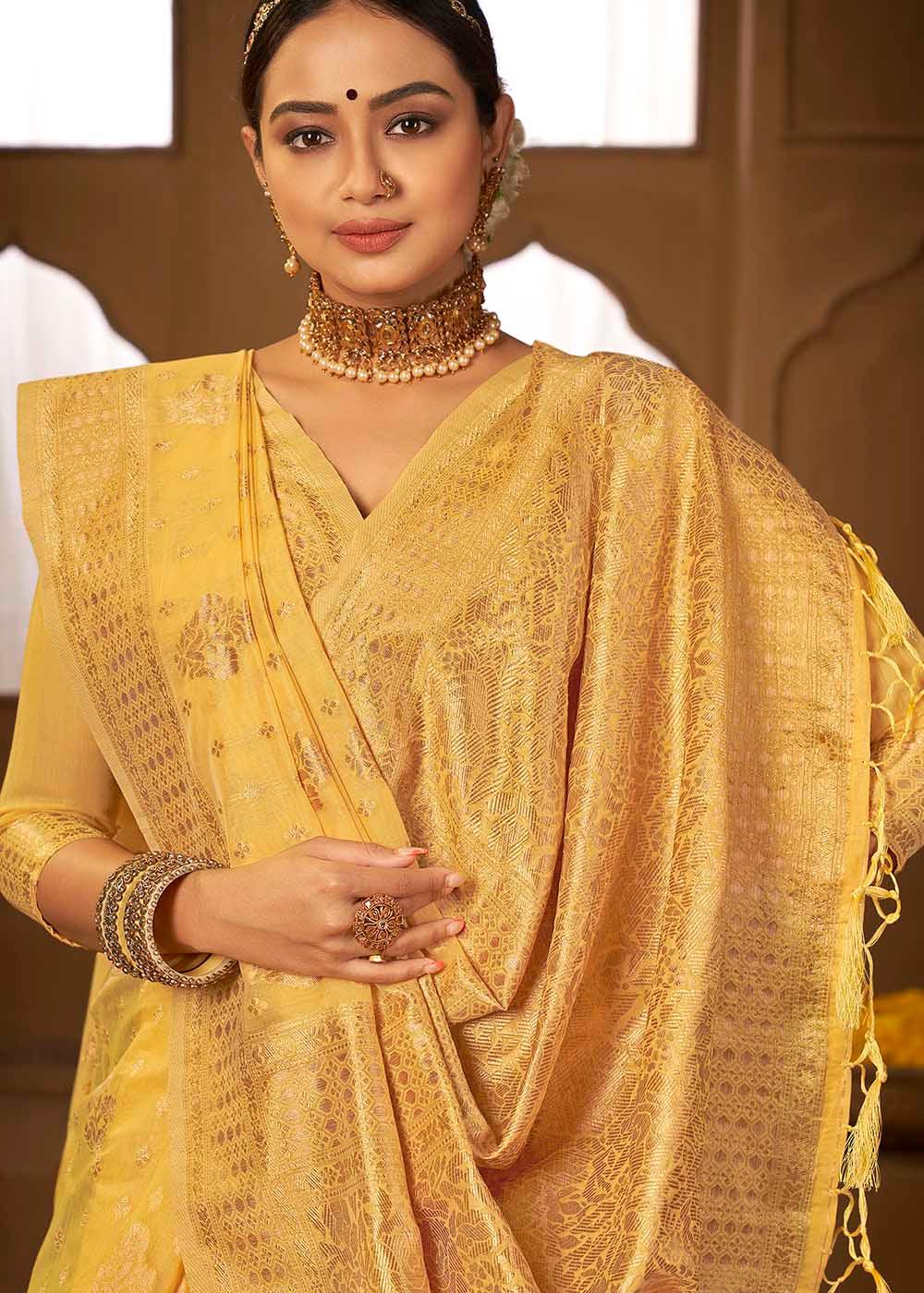 Tuscany Yellow Woven Cotton Silk Saree | Stitched Blouse - qivii